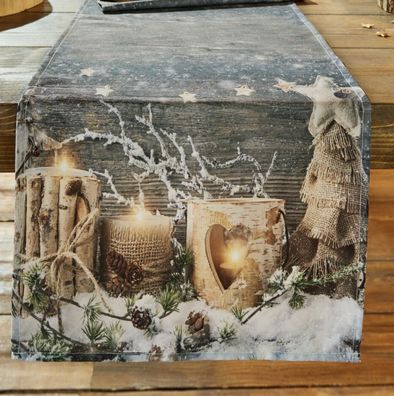 Tischläufer Birkenholz Kerzen Landhaus Winter Advent Tischdecke 140 x 40 cm