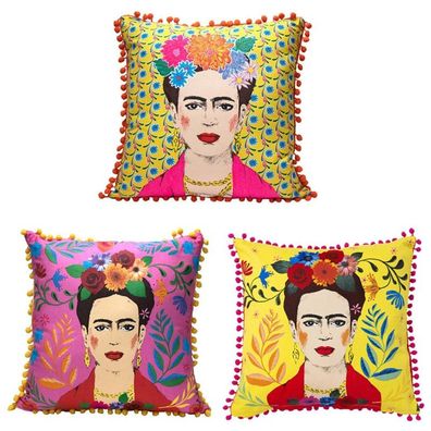Frida Kahlo Kissen Talking Tables 40x40cm Boho Bunt Troddel Pink Gelb Füllung