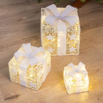LED Geschenk Boxen 3er Set - weiß - Weihnachten Deko Beleuchtung Timer Batterie