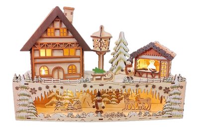 Holz Weihnachtsszene - 2-stöckig - Häuser & Wald - Winter Stadt Tisch Deko beleuchtet