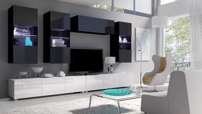 FURNIX Mediawand Möbelwand Pune 5 Wohnzimmermöbelwand 6-teilig Wieß/ Schwarz