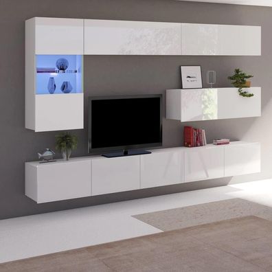 FURNIX Mediawand Möbelwand Pune 4 Wohnzimmermöbelwand 6-teilig Weiß