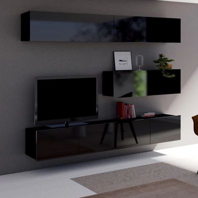 FURNIX Mediawand Möbelwand Pune 8 Wohnzimmermöbelwand 5-teilig Schwarz