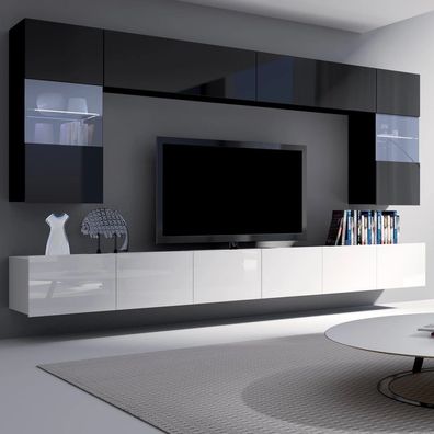 FURNIX Mediawand Möbelwand Pune 1 Wohnzimmermöbelwand 6-teilig Weiß/ Schwarz