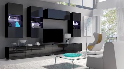FURNIX Mediawand Möbelwand Pune 5 Wohnzimmermöbelwand 6-teilig Schwarz