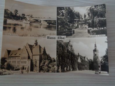 5955 Postkarte, Ansichtskarte -Riesa Elbe-Elbbrücke, Rathaus, Max Plank Oberschule