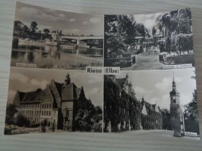 5956 Postkarte, Ansichtskarte -Riesa Elbe-Elbbrücke, Rathaus, Max Plank Oberschule