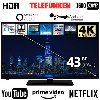 Telefunken 43" Zoll 4K UHD Smart TV Fernseher Prime Netflix You Tube 108cm HDR10