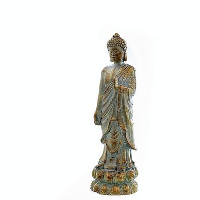 Buddha Statue Figur Stehend auf Stand Farbe Gold/ Weiss gewischt