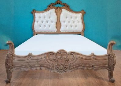 Jugend-Single-Bett Doppelbett 140 x 200 Holz Natur Polster Weiss Barock-Rokoko-Stil