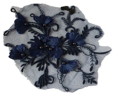 Spitze 17x20cm Applikation dunkelblau Aufnäher Stickerei Blumen Blüten Perlen Nr.: 4