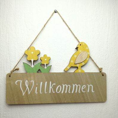 Schild Willkommen Holz Hängend Vogel 30cm Türschild