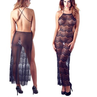 Kleid Lang transparent rückenfrei Spitze schwarz Dessous 44 48 S M L XL "Saskia"