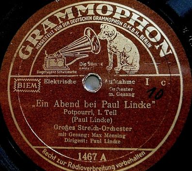 Max Mensing "Ein Abend bei Paul Lincke - Potpourri" Grammophon 1934 78rpm 10"