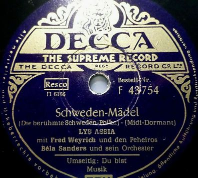 LYS ASSIA & Fred Weyrisch " Schweden-Mädel / Du bist Musik" Decca 10" 78rpm