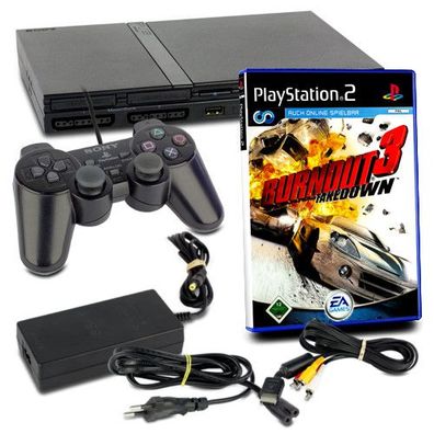 PS2 Konsole Slim Line in Schwarz + original Controller + alle Kabel + Spiel Burnou...