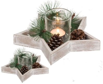 Stern Holztablett mit 1 Teelichthalter, Teelicht und Weihnachtsdekoration
