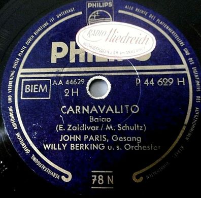 JOHN PARIS "Carnavalito / Regen auf dem Regendach" Philips 78rpm 10"