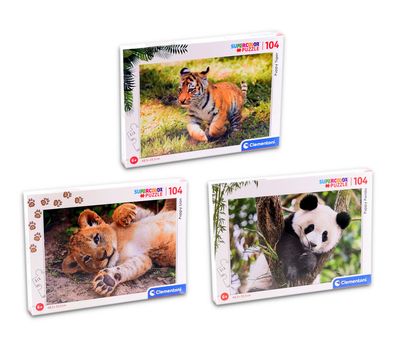 Clementoni Supercolor Puzzle - 3x 104 Teile Set - Puppy (Tiger, Löwe, Panda)