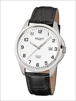Herren-Uhr Regent mit Leder-Armband schwarz Edelstahl-Gehäuse silber Quarzwerk ...