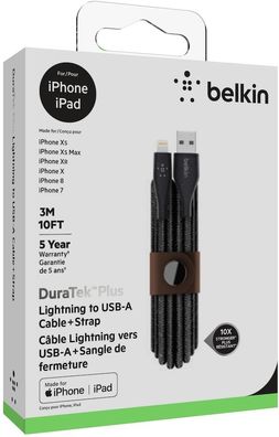 Belkin Duratek Plus Lightning auf USB A Kabel, 3m - Schwarz
