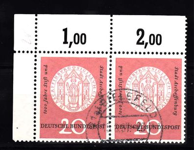 1957 Bund Aschaffenburg MiNr. 255, Eckrand-Paar o. links, Rundstempel