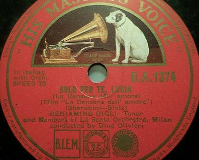 Benjamino GIGLI, Tenore " Addio Bel Sogno / Solo Per Te, Lucia" HMV 1934 78rpm