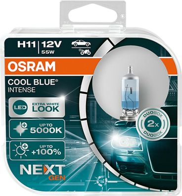 Osram H11 Cool Blue, Next Gen Duo Box, Xenon Optik Leuchtmittel Weiß 55 Watt, Glas
