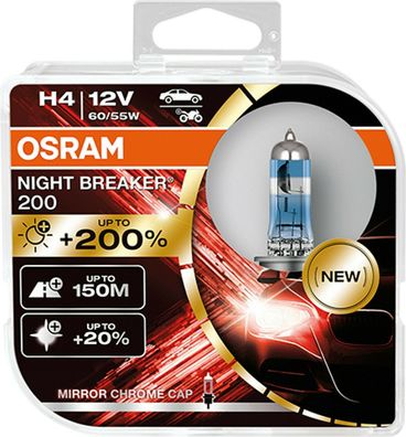 Osram H4 Night Breaker Laser 200 Glühbirnen Leuchtmittel, Birne 55Watt Xenon Look