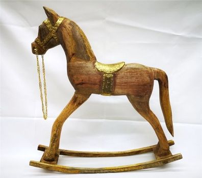 Schaukelpferd aus Mangoholz 50 cm mit goldfarbenen Sattel Deko natur Holzpferd