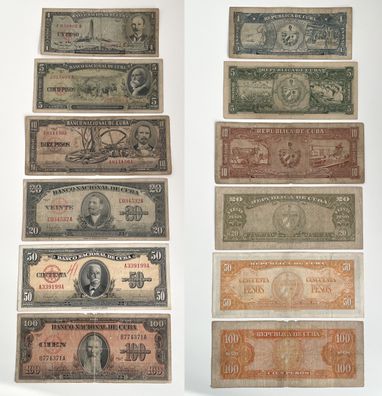 6 Banknoten 1 bis 100 Pesos Cuba Kuba 1949-1959 (155344)