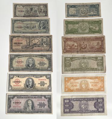 6 Banknoten 1 bis 100 Pesos Cuba Kuba 1949-1959 (155296)