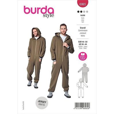 burda style Papierschnittmuster Jumpsuit mit Kapuze und Ringelbündchen #6065