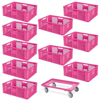 10 Eurobehälter, LxBxH 600x400x240 mm, lebensmittelecht + 1 Transportroller, pink