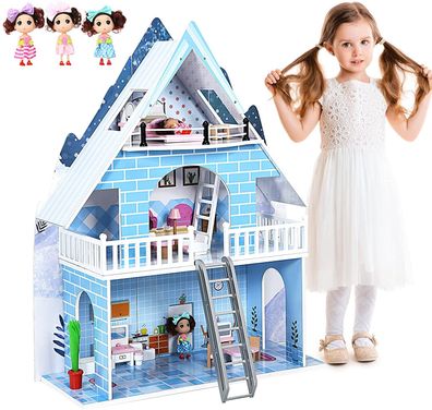 Puppenhaus Spielzeughaus Holz, Puppenvilla mit mit 15 Möbeln und 3 niedlichen Puppen