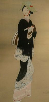 Japanische Malerei 19. Jahrh. Sign. Siegel Dame mit Hut M-3849