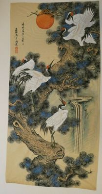 Japanische Malerei 19. Jahrh. Sign. Siegel SHUSUI 5 Kraniche auf Seide Pro-1441