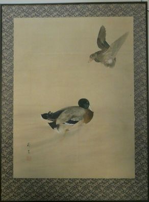 Japanische Malerei 19. Jahrhundert Sign. Siegel SHUSUI Entenpaar auf Seide G-7243