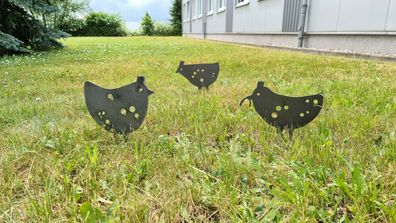Edelrost 3 Stück Hühnergruppe mit Bodenspieß Metalldeko Rost Gartenstecker