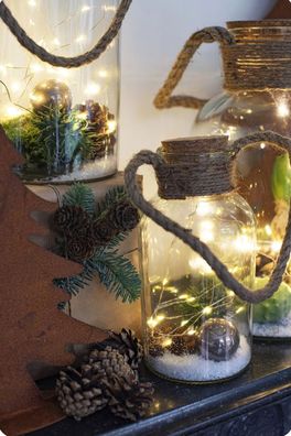 Deko Glas mit Korkverschluss Sisalkordel LED Leuchtdraht Winter Advent Höhe 32cm