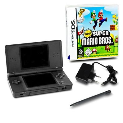 DS Lite Handheld Konsole schwarz #70A + Kabel + Spiel New Super Mario Bros.