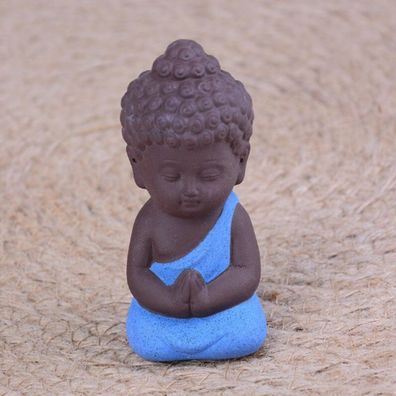 Buddha Figur sitzend Keramik 8 cm braun-blau Mönch Skulptur Glücksbringer Deko