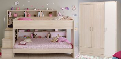 Kinderzimmer Bibop Parisot Bett + 3-trg Kleiderschrank + Regale + Podest-Leiter