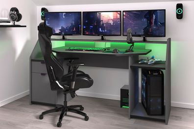 Gaming Tisch Gamer Computertisch Ergonomischer PC Schreibtisch LED-Beleuchtung