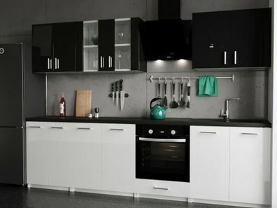 KÜCHE Küchenzeile Küchenblock MODERN 280 CM Einbauküche weiss schwarz hochglanz