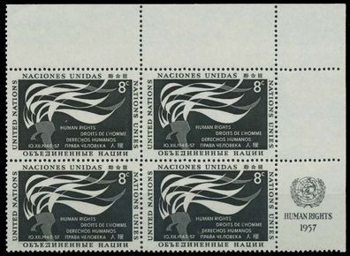 UNO NEW YORK 1957 Nr 65RZfr postfrisch Viererblock ECKE X40B64A