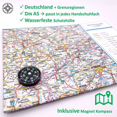 Deutschland - Orientierungskarte Landkarte + Autobahnen mit Kompass, Prepper Backup