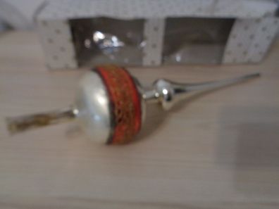 alte Weihnachtsbaumspitze-mundgeblasen-Silber mit rotem Streifen und Goldborte