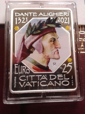 Original 25 euro 2021 PP Vatikan Dante Aligheri coloriert Silber im Etui 25€ 2021 PP