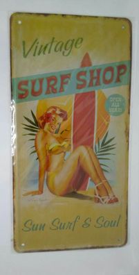 Nostalgie Retro Blechschild "vintage surf shop" Frau Surfing 30x16 50337 (Gr. 30x20)